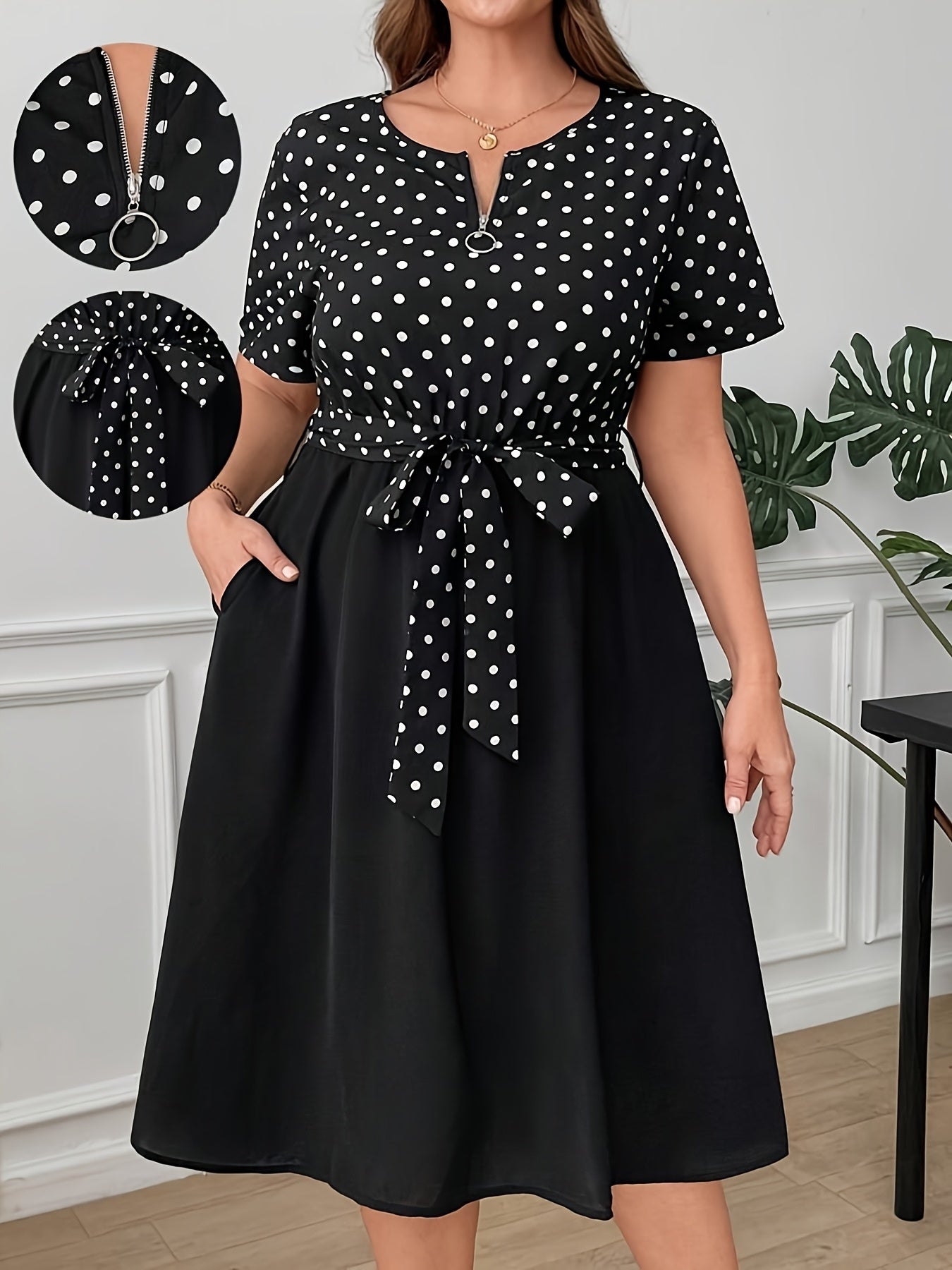 Elegant Polka Dot Midi Dress for Women with Notch Neck Short Sleeve Tie Waist Belted Style