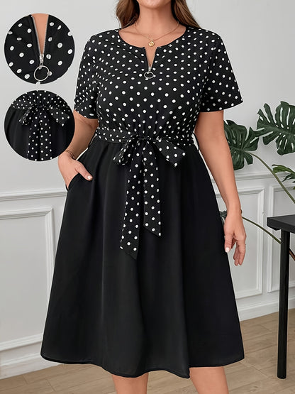 Elegant Polka Dot Midi Dress for Women with Notch Neck Short Sleeve Tie Waist Belted Style