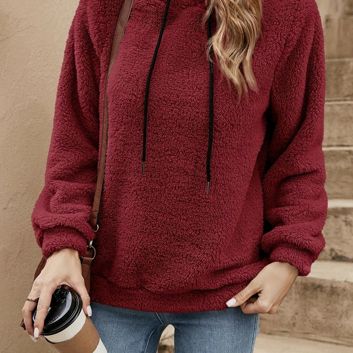 [Women's Teddy Hoodie] Women's Solid Color Teddy Hoodie - Casual Long Sleeve Drawstring Hooded Sweatshirt - Clothing