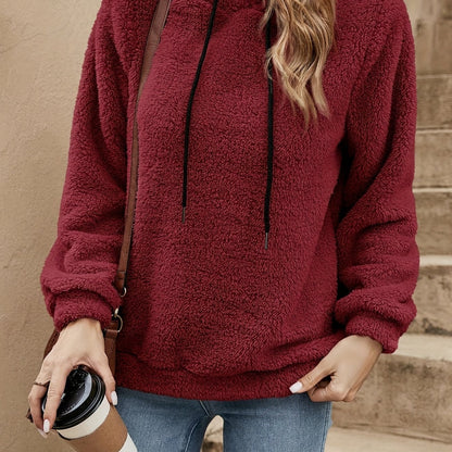 [Women's Teddy Hoodie] Women's Solid Color Teddy Hoodie - Casual Long Sleeve Drawstring Hooded Sweatshirt - Clothing
