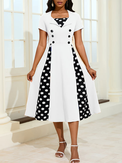 Elegant Red Polka Dot Midi Dress for Women with Collar Neckline Short Sleeve Button Front Flowing Style