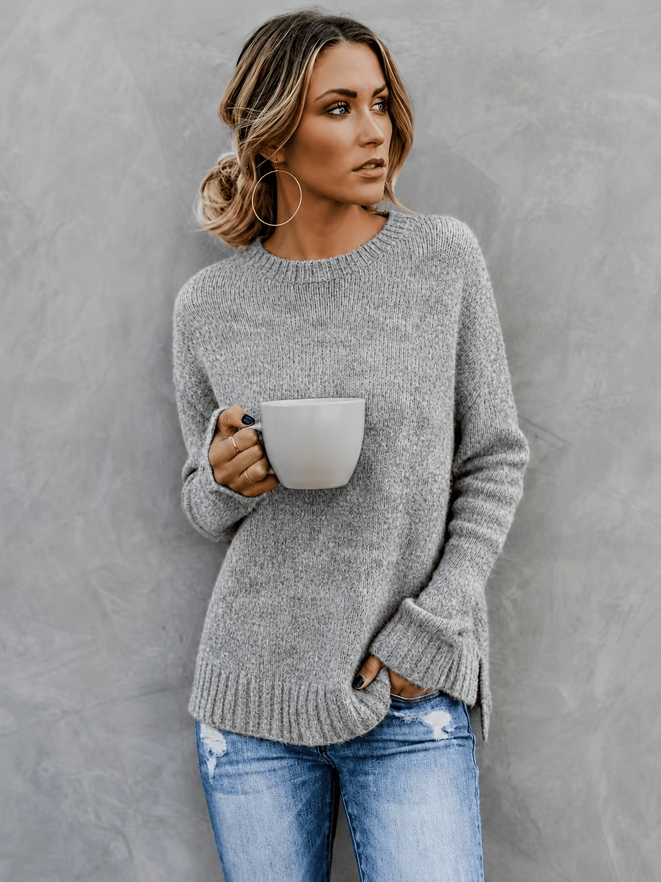 Comfortable Heathered Knit Sweater for Women with Crew Neck Bell Sleeve Side Slit Relaxed Oversized Style