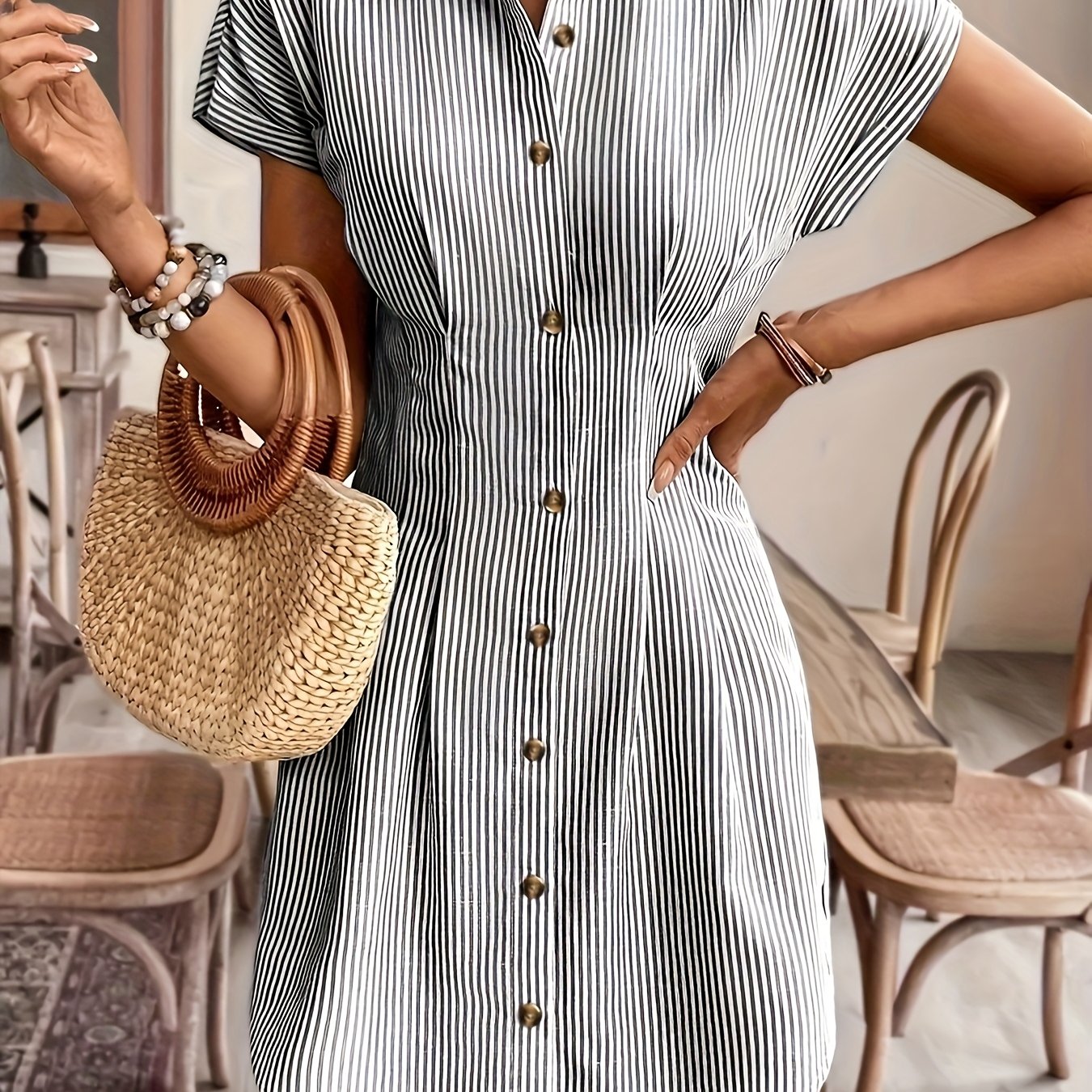 Elegant Striped Short-Sleeve A-Line Shirt Dress for Women, High-Waist Button-Up Casual Summer Office Dress in Light Pastel, Comfortable Polyester Fabric, French-Style, Solid Color, Women's Shirt Dress, Casual Shirt Dress, High-Waist, Office Dress