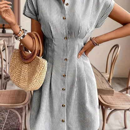 Elegant Striped Short-Sleeve A-Line Shirt Dress for Women, High-Waist Button-Up Casual Summer Office Dress in Light Pastel, Comfortable Polyester Fabric, French-Style, Solid Color, Women's Shirt Dress, Casual Shirt Dress, High-Waist, Office Dress