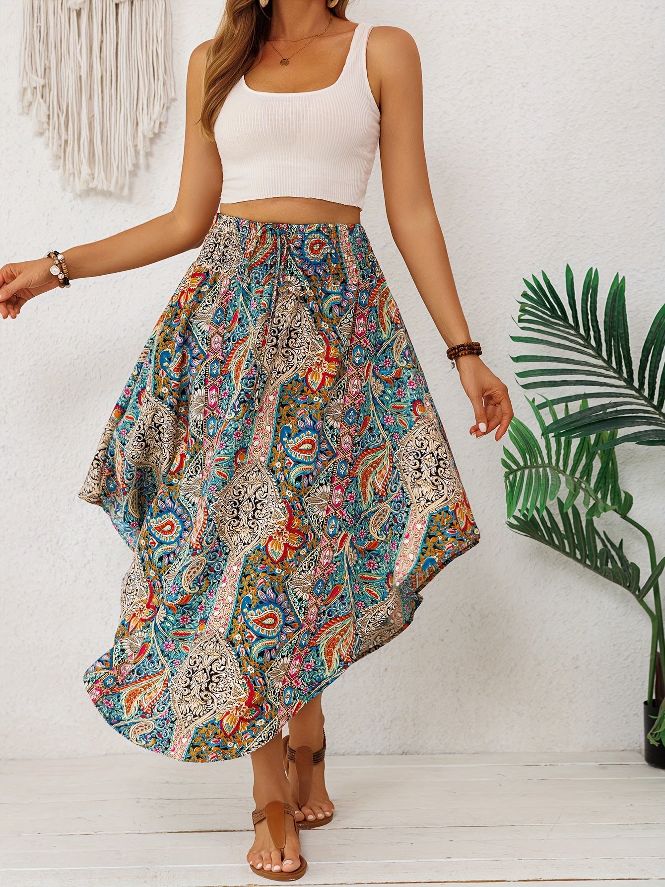 Effortless Multicolor Paisley Maxi Skirt for Women with High Waist Drawstring Handkerchief Hem Bohemian Style