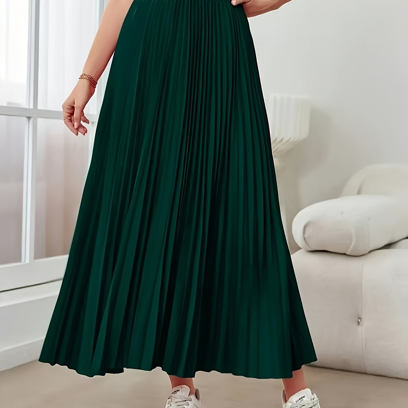 Elegant Dark Green Pleated Maxi Skirt for Women with High Waist Accordion Pleat Flowing A Line Style