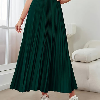 Elegant Dark Green Pleated Maxi Skirt for Women with High Waist Accordion Pleat Flowing A Line Style