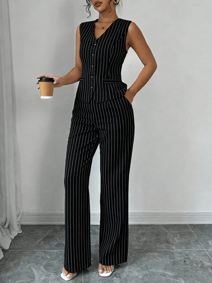 Elegant Grey Pinstripe Wide Leg Set for Women with V Neck Button Front Two Piece Style