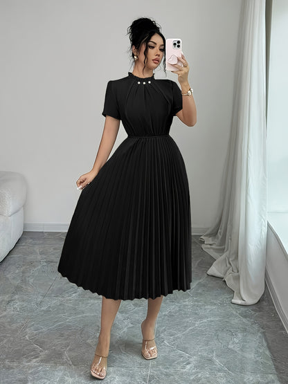 Elegant Apricot Pleated Midi Dress for Women with Ruffle Mock Neck Short Sleeve Pearl Detail Flowing Style