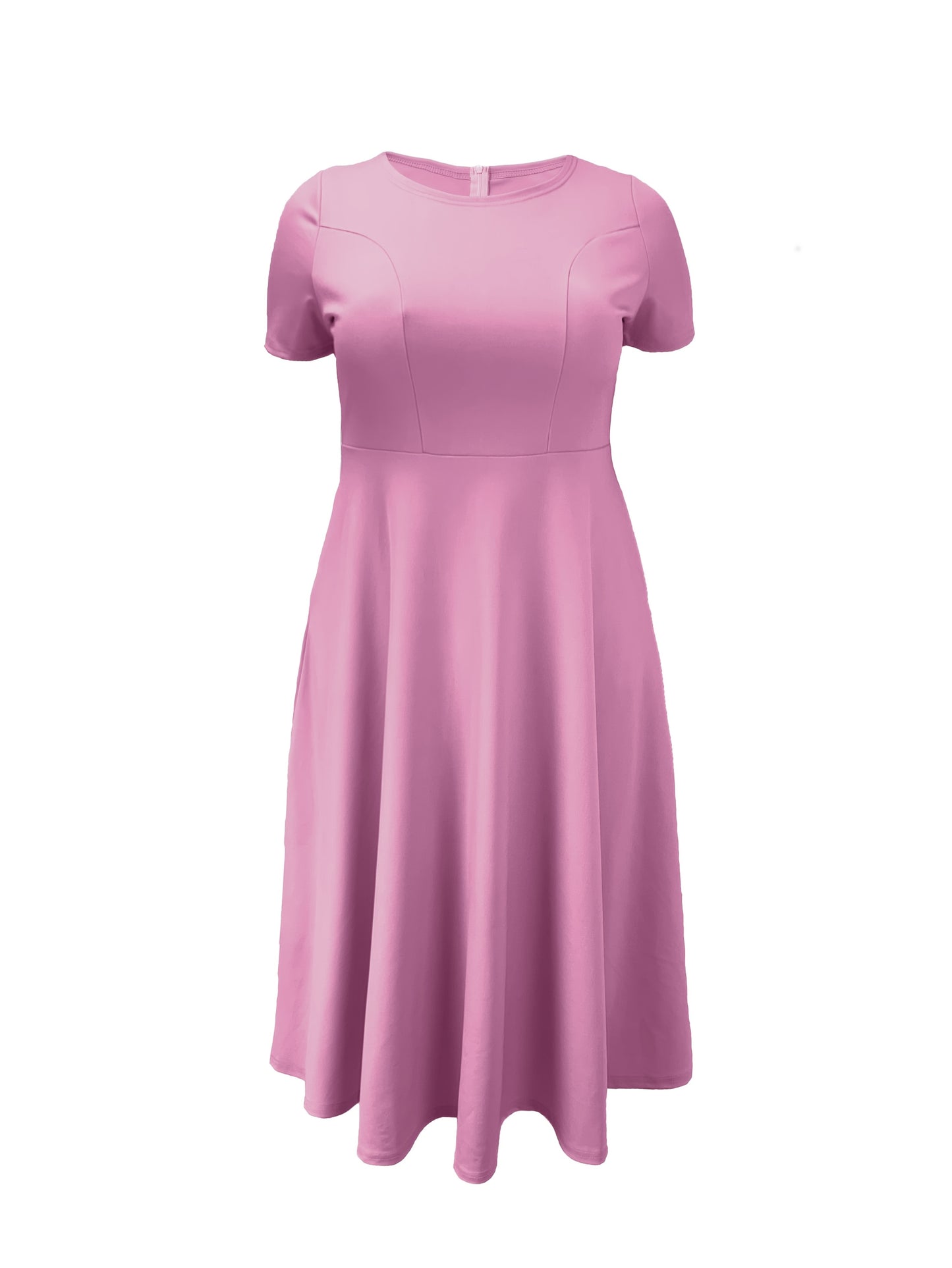 Elegant Rose Red Midi Dress for Women with Round Neck Short Sleeve Fit and Flare Pocket Style