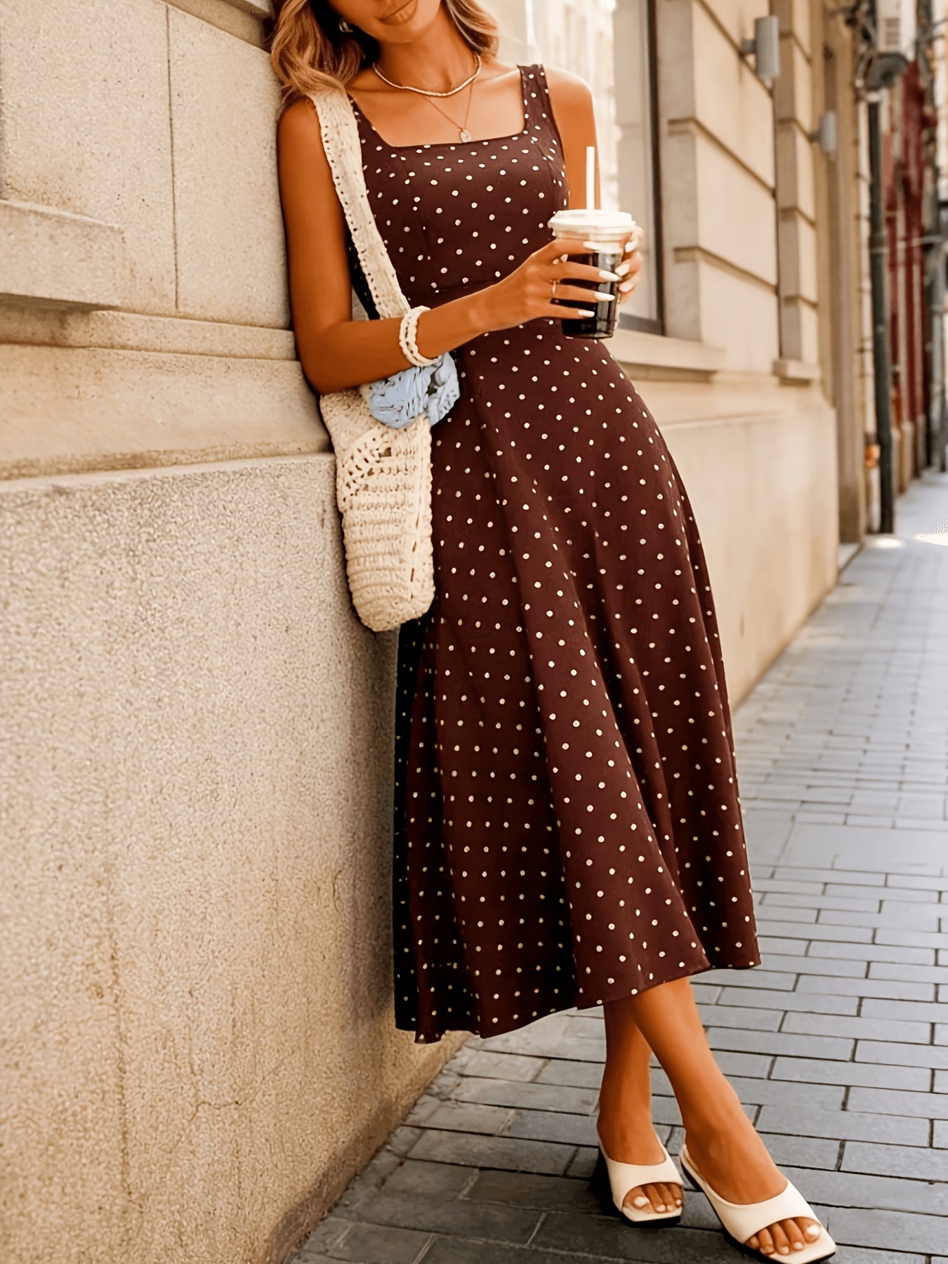 Elegant Polka Dot Midi Dress for Women with Square Neck Sleeveless A Line Flowing Casual Style
