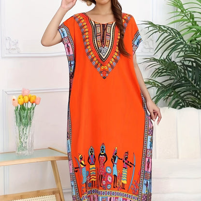 Effortless Tribal Print Kaftan Dress for Women with V Neck Short Sleeve Embroidered Flowing Bohemian Style