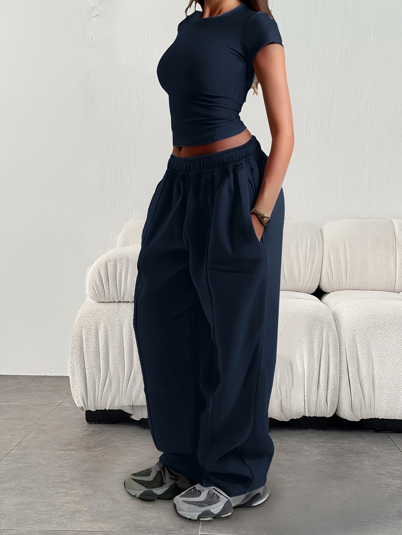 Women'S Casual Loose Easy Solid Color Elastic Waist Athletic Pants
