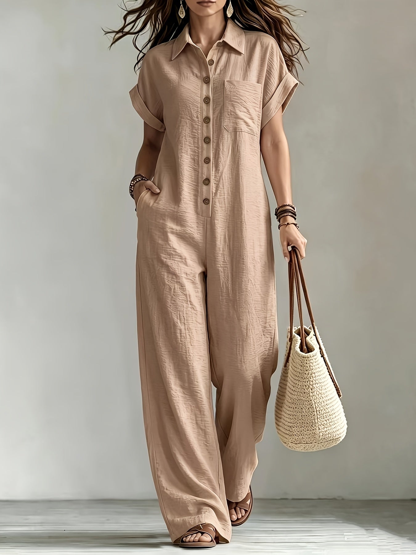 Effortless Linen Jumpsuit for Women with Collar Short Sleeve Button Front Wide Leg Casual Style