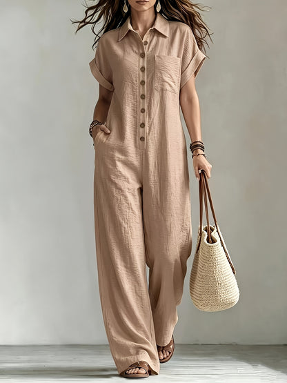 Effortless Linen Jumpsuit for Women with Collar Short Sleeve Button Front Wide Leg Casual Style
