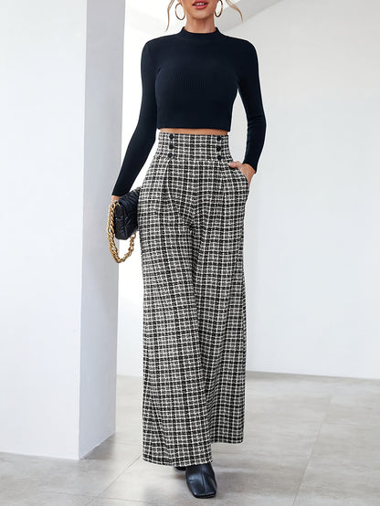 Elegant Black and White Plaid Wide Leg Pants for Women with High Waist Button Front Pleated Tailored Style