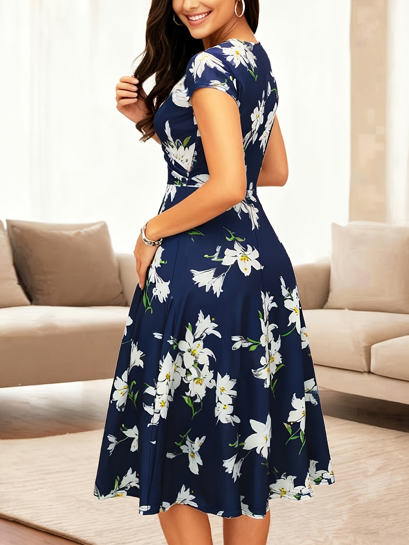 Elegant Floral Midi Dress for Women with V Neck Short Sleeve Wrap Fit and Flare Style