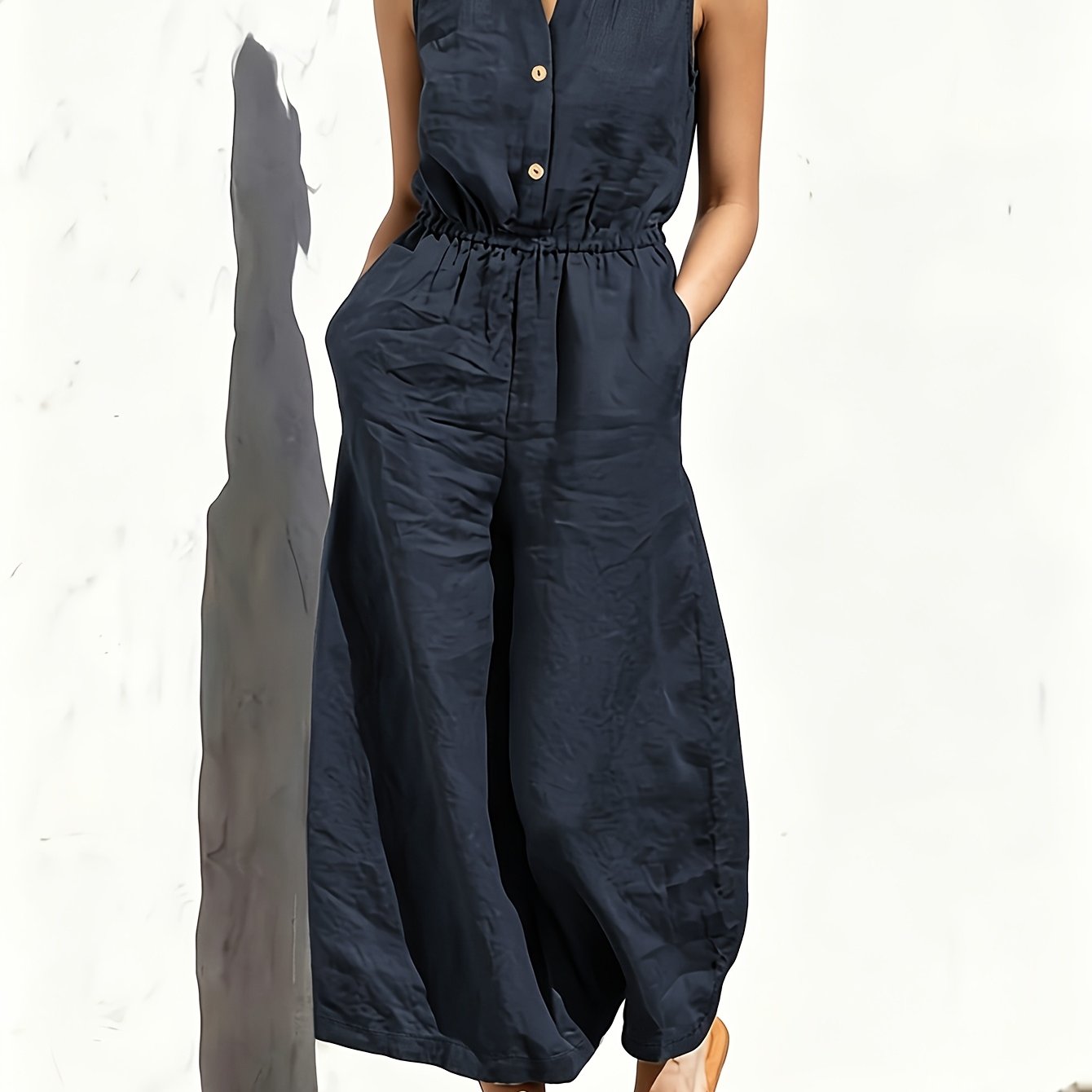 Effortless Navy Blue Linen Wide Leg Jumpsuit for Women with V Neck Sleeveless Button Front Relaxed Style