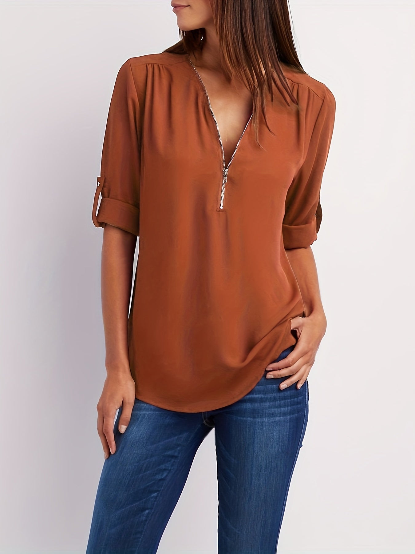 Effortless Chiffon Blouse for Women with Zip V Neck Roll Tab Sleeve Relaxed Casual Style