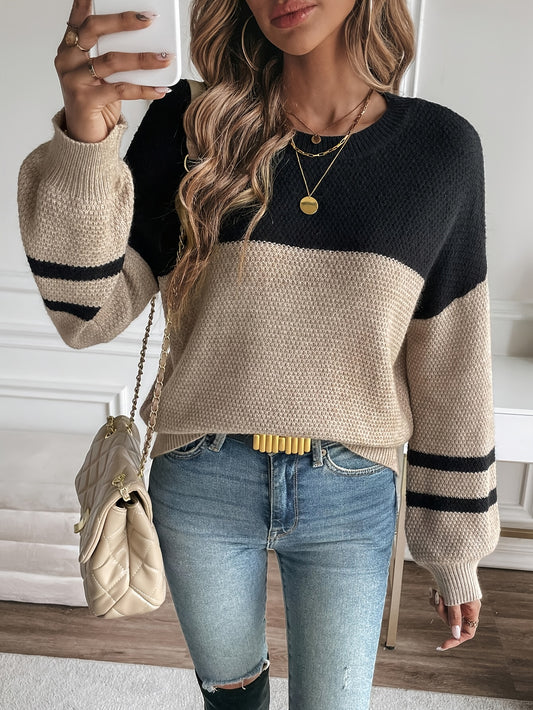 Comfortable Black Colorblock Sweater for Women with Crew Neck Balloon Sleeve Striped Oversized Knit Style