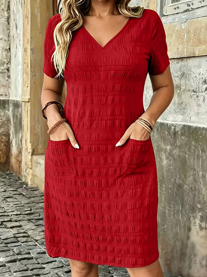 Effortless Textured Shift Dress for Women with V Neck Short Sleeve Side Pocket Relaxed Casual Style