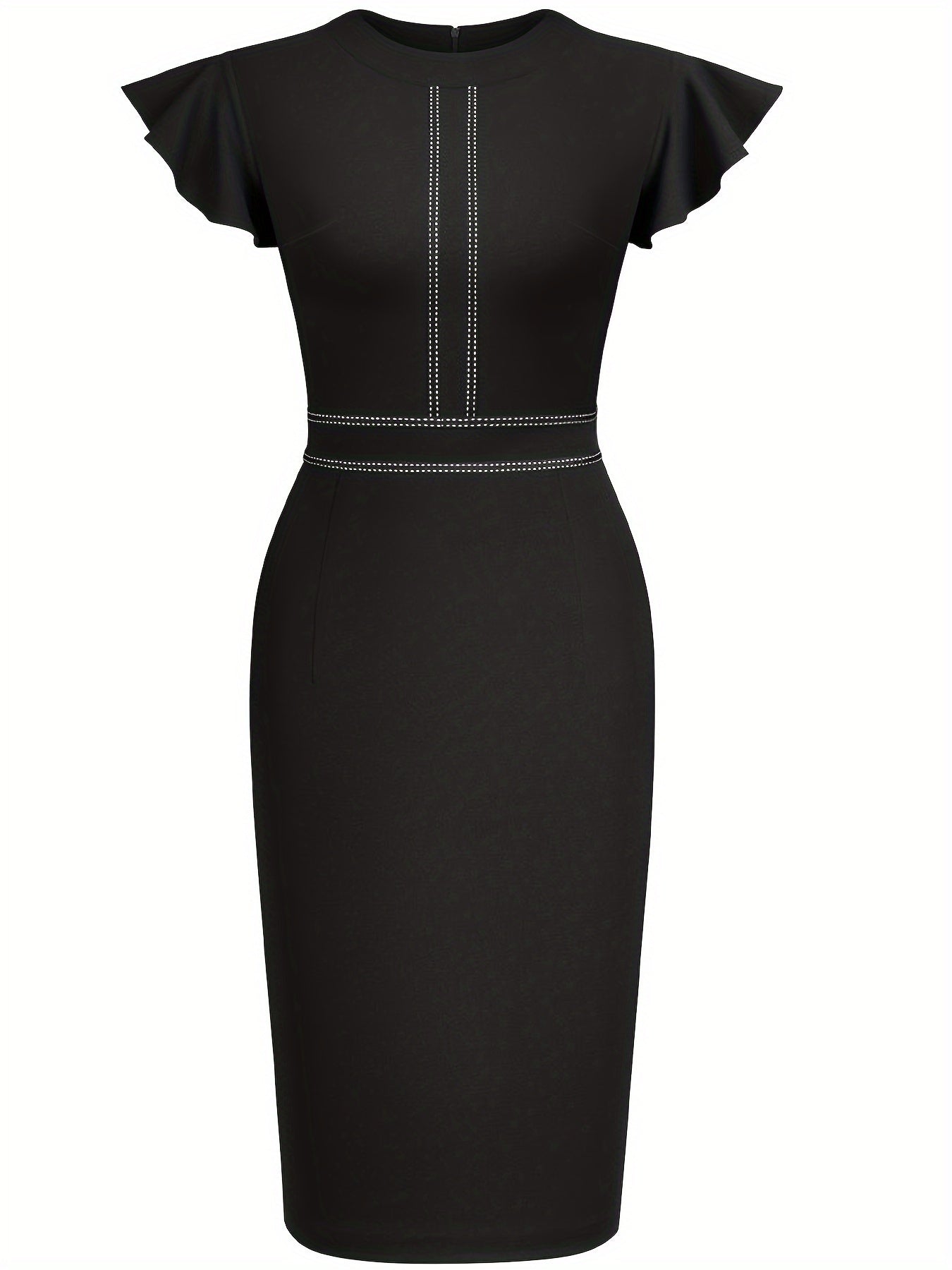 Elegant Studded Sheath Dress for Women with Round Neck Flutter Sleeve Ruched Waist Formal Style