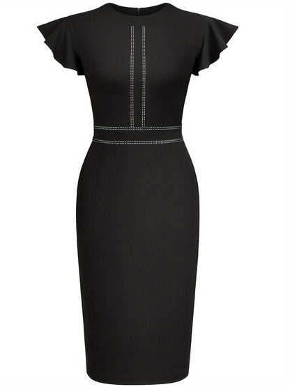 Elegant Studded Sheath Dress for Women with Round Neck Flutter Sleeve Ruched Waist Formal Style