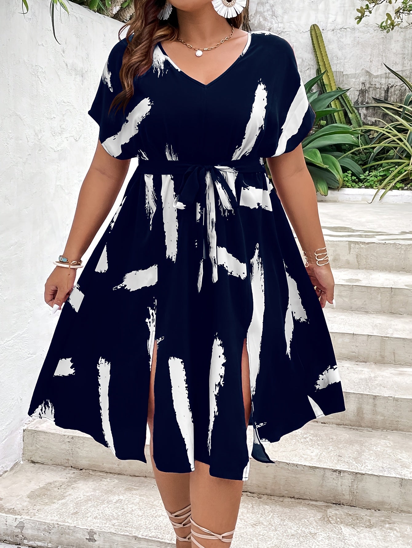 Effortless Burgundy Abstract Print Midi Dress for Women with V Neck Batwing Sleeve Belted Side Slit Flowing Style