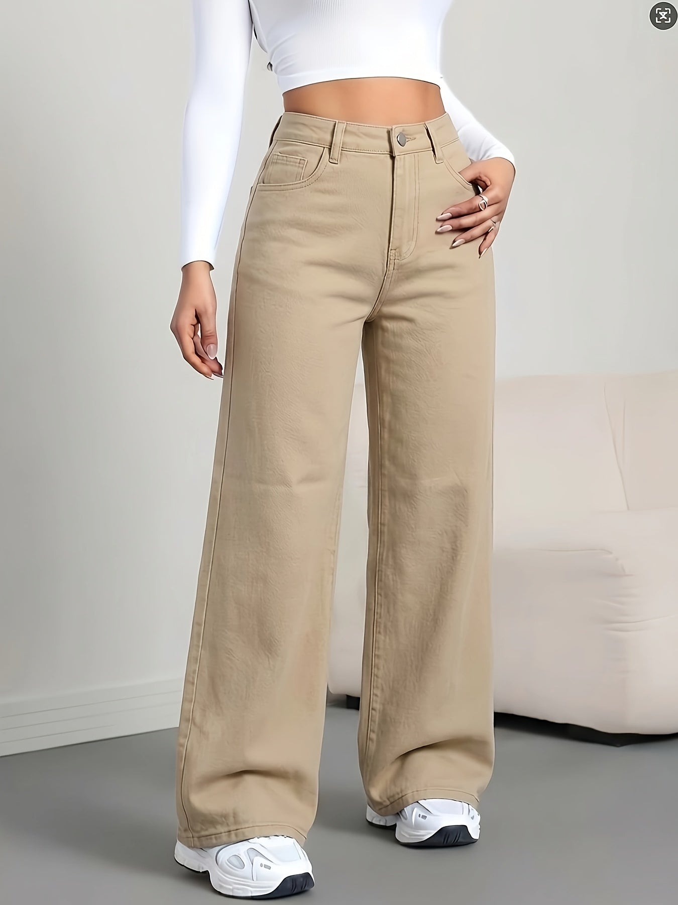 Effortless Khaki Wide Leg Jeans for Women with High Waist Five Pocket Relaxed Casual Style