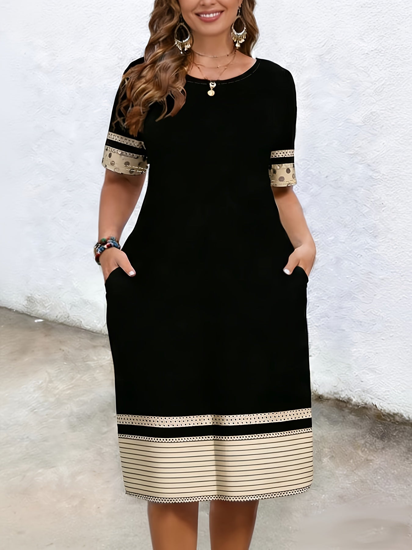 Elegant Black Plus Size Midi Dress for Women with Round Neck Short Sleeve Striped Polka Dot Hem Relaxed Style