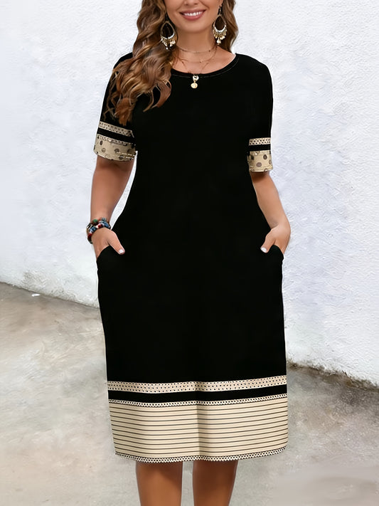 Elegant Black Plus Size Midi Dress for Women with Round Neck Short Sleeve Striped Polka Dot Hem Relaxed Style