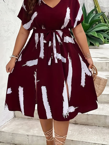 Effortless Burgundy Abstract Print Midi Dress for Women with V Neck Batwing Sleeve Belted Side Slit Flowing Style