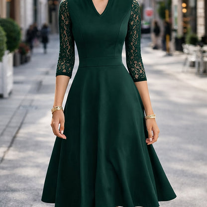 Elegant Lace Midi Dress for Women with Notch Neck Three Quarter Sleeve Fit and Flare Cocktail Style