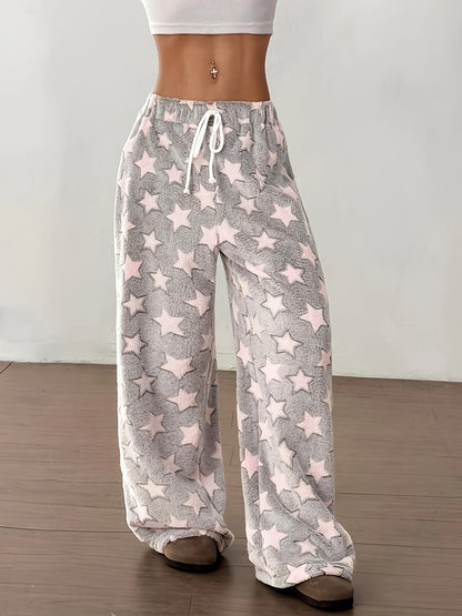 Comfortable Grey Star Print Fleece Pajama Pants for Women with High Waist Drawstring Wide Leg Cozy Style