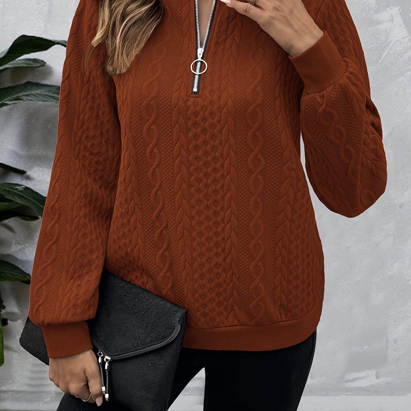 Comfortable Cable Knit Sweater for Women with Zip Crew Neck Long Sleeve Textured Relaxed Style