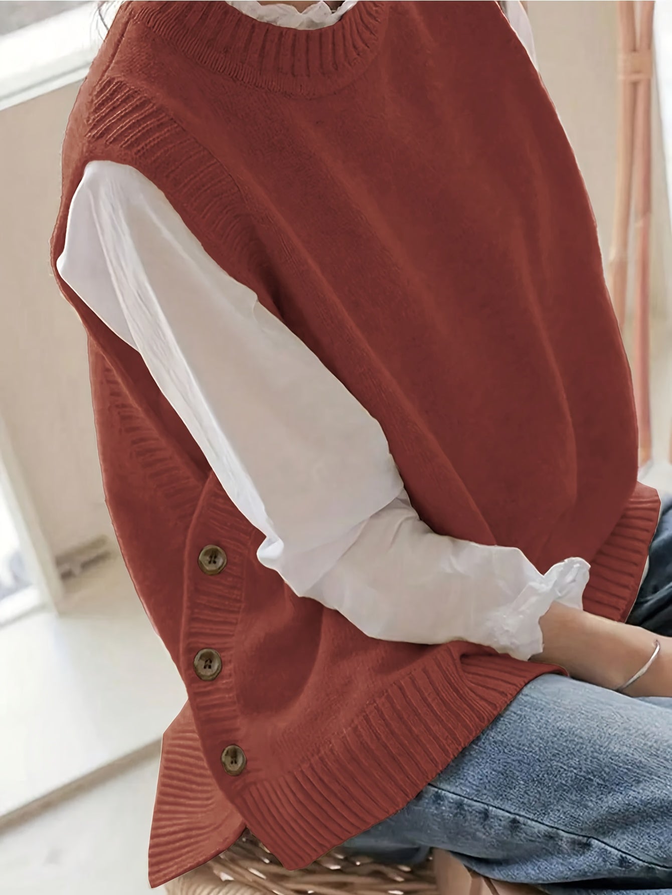 Comfortable Knit Sweater Vest for Women with Mock Neck Sleeveless Side Button Relaxed Style