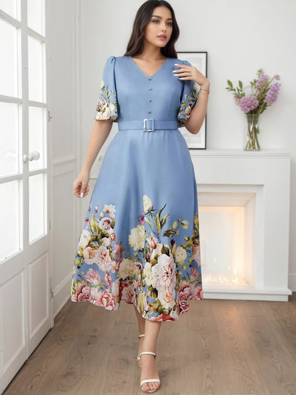 Effortless Floral Midi Dress for Women with V Neck Flutter Sleeve Belted A Line Style