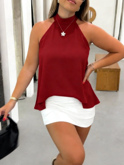 Effortless Flowy Halter Top for Women with High Neck Flowing Asymmetric Hem Tank Style