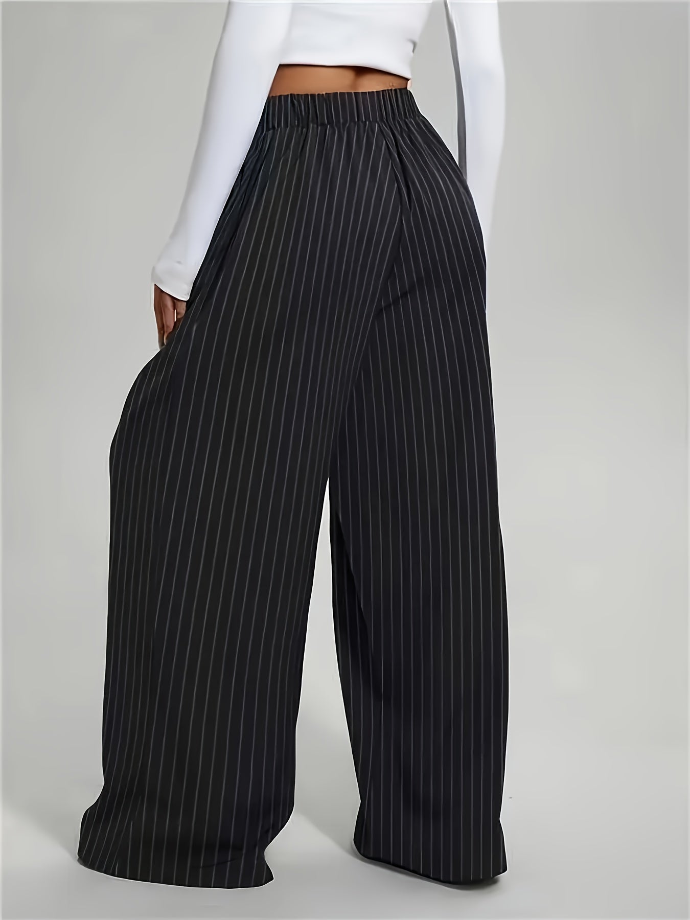 Elegant Black Pinstripe Wide Leg Trousers for Women with High Waist Pleated Relaxed Style