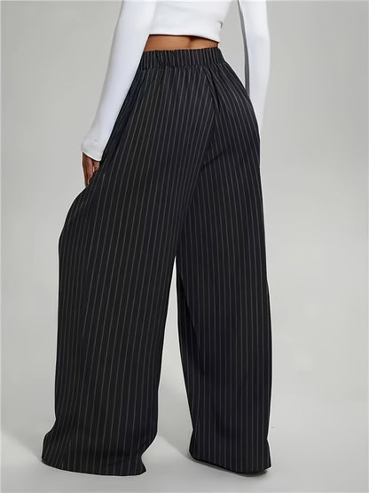 Elegant Black Pinstripe Wide Leg Trousers for Women with High Waist Pleated Relaxed Style