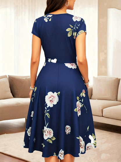 Elegant Floral Midi Dress for Women with V Neck Short Sleeve Wrap Fit and Flare Style
