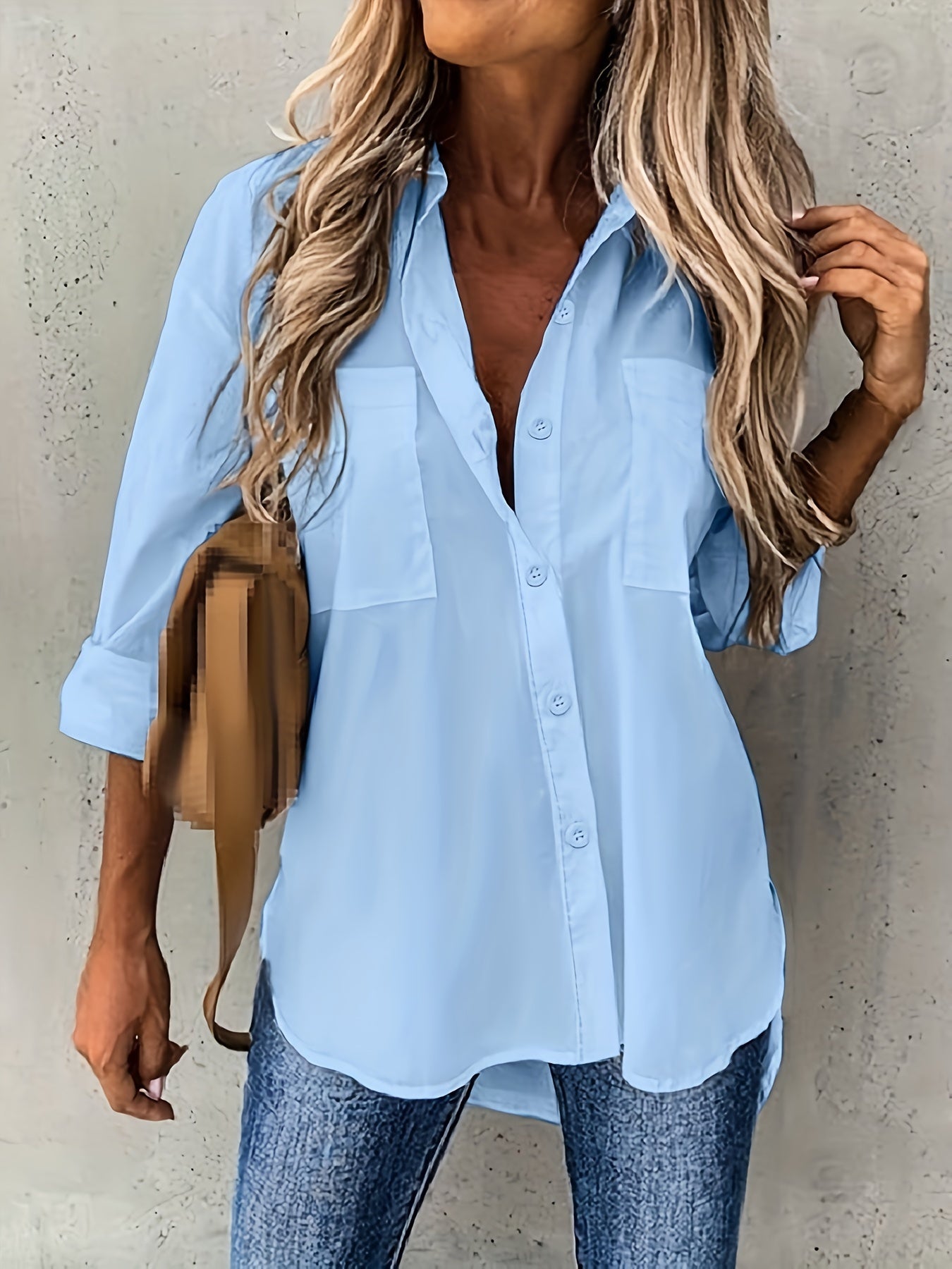 Effortless Button Front Blouse for Women with Collar Long Sleeve Chest Pocket Relaxed Style