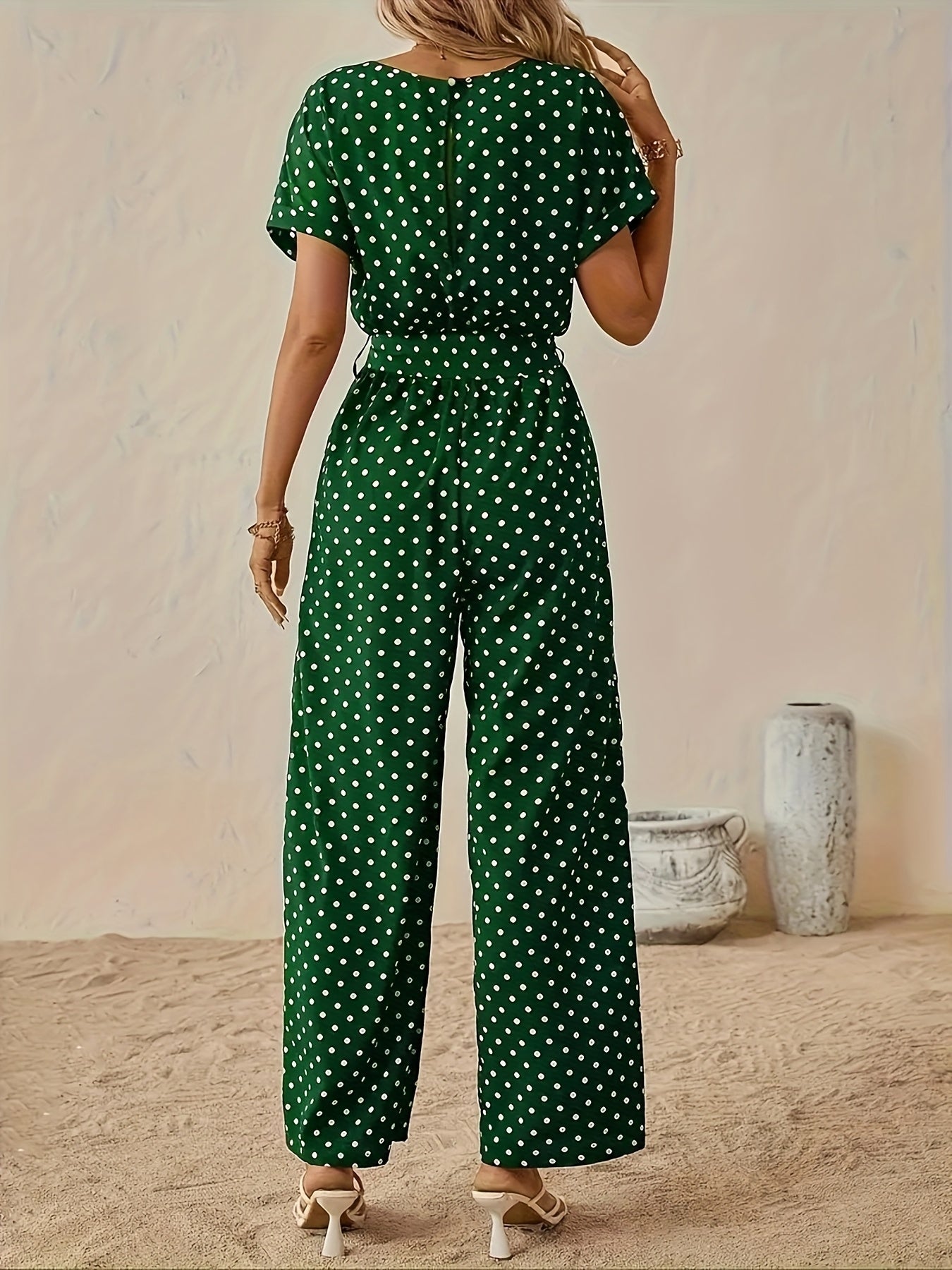 Effortless Polka Dot Jumpsuit for Women with Boat Neck Short Sleeve Belted Wide Leg Style