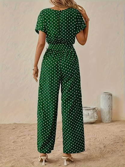 Effortless Polka Dot Jumpsuit for Women with Boat Neck Short Sleeve Belted Wide Leg Style