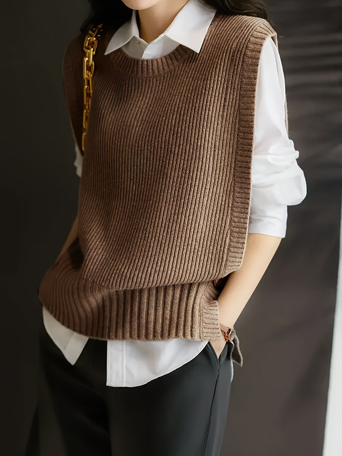 Comfortable Ribbed Knit Sweater Vest for Women with Crew Neck Sleeveless Relaxed Oversized Style