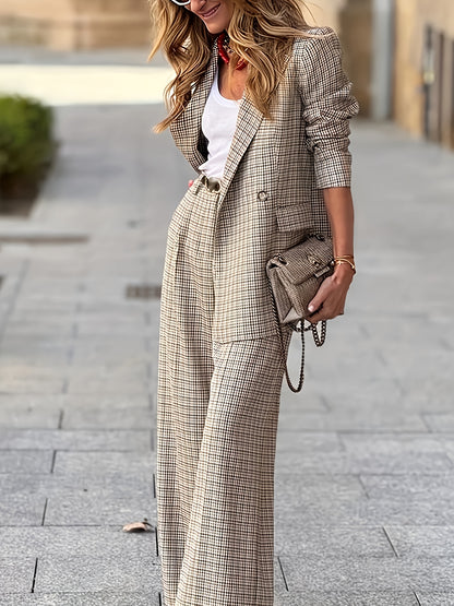Elegant Plaid Two Piece Set for Women with Notched Lapel Blazer Wide Leg Pant Casual Style