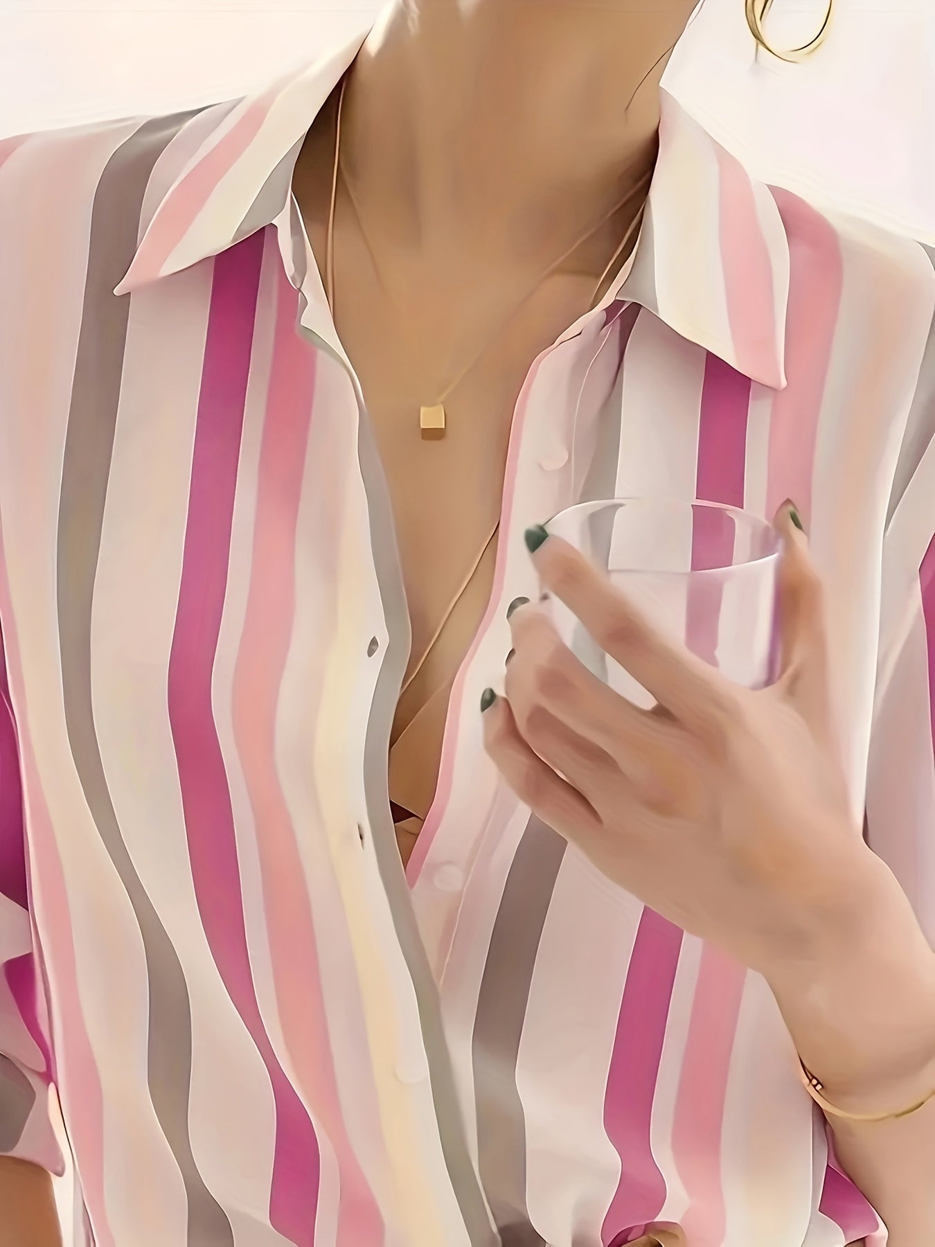 Elegant Striped Chiffon Blouse for Women with Collar Long Sleeve Button Front Relaxed Flowing Style