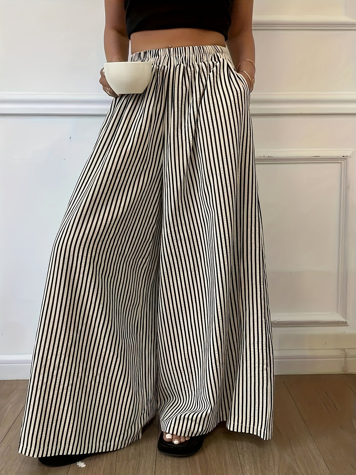 Effortless Black and Cream Striped Wide Leg Pants for Women with High Waist Elastic Flowing Palazzo Style
