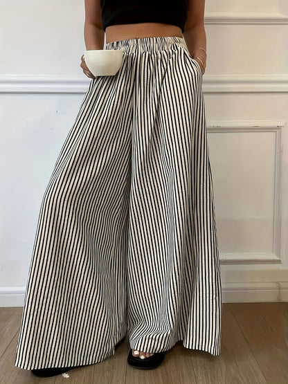 Effortless Black and Cream Striped Wide Leg Pants for Women with High Waist Elastic Flowing Palazzo Style