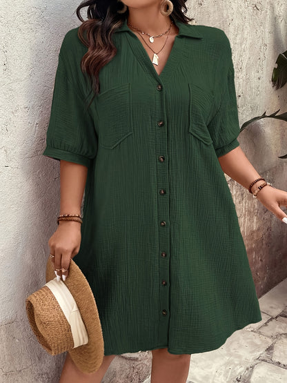 Effortless Wheat Cotton Shirt Dress for Women with Collar Elbow Sleeve Button Front Relaxed Casual Style